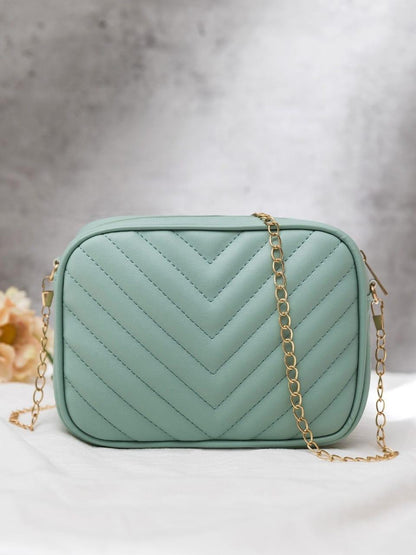 Chevron Quilted Camera Bag Chain Strap PU Leather Crossbody