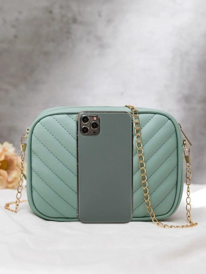 Chevron Quilted Camera Bag Chain Strap PU Leather Crossbody