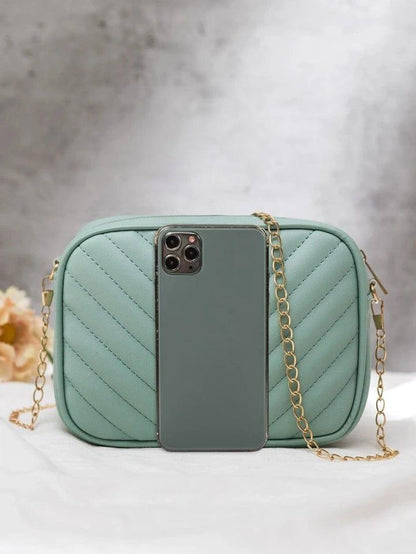 Chevron Quilted Camera Bag Chain Strap PU Leather Crossbody