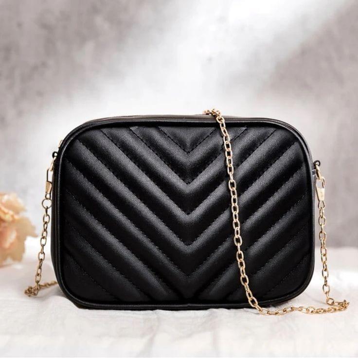 Chevron Quilted Camera Bag Chain Strap PU Leather Crossbody
