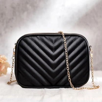 Chevron Quilted Camera Bag Chain Strap PU Leather Crossbody