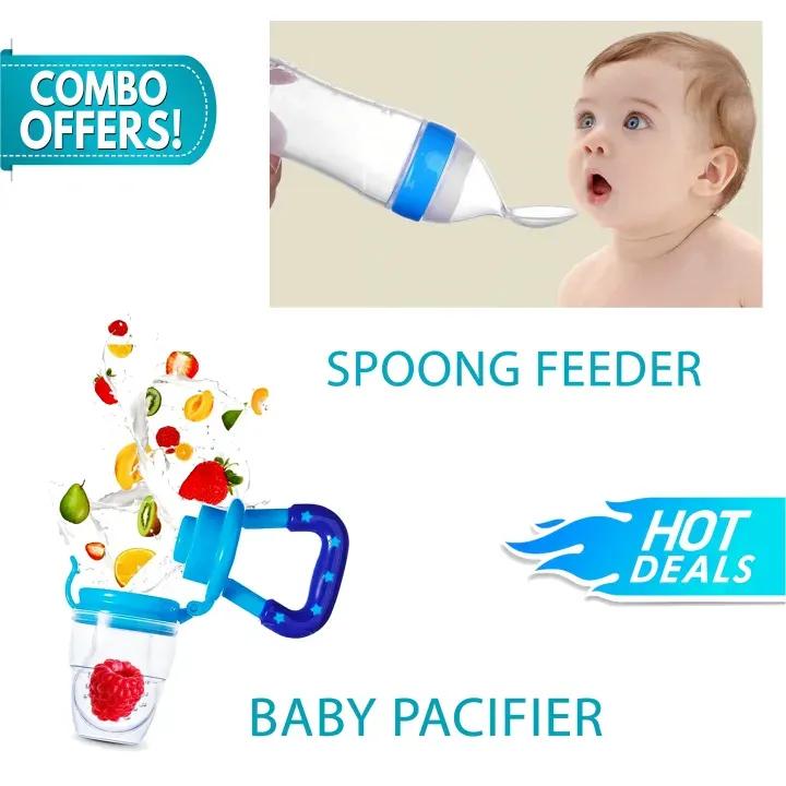 Silicone Baby Feeding Spoon & Fruit Pacifier Combo Set - 2-in-1 Squeeze Bottle Feeder