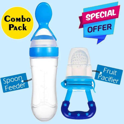 Silicone Baby Feeding Spoon & Fruit Pacifier Combo Set - 2-in-1 Squeeze Bottle Feeder