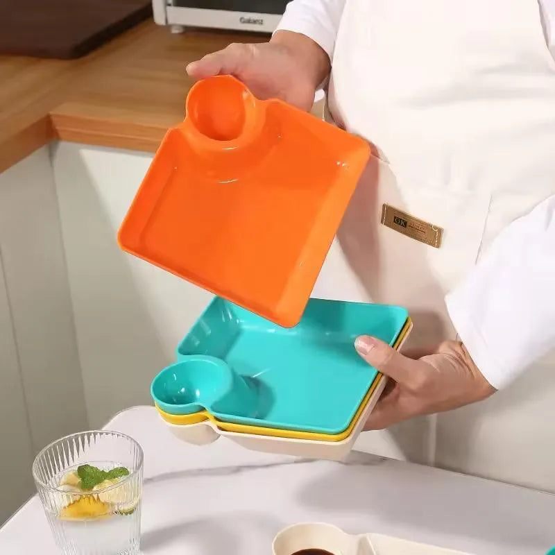 French-Fries & Dumpling Serving Plates Set - 4-Piece with Built-in Sauce Dish