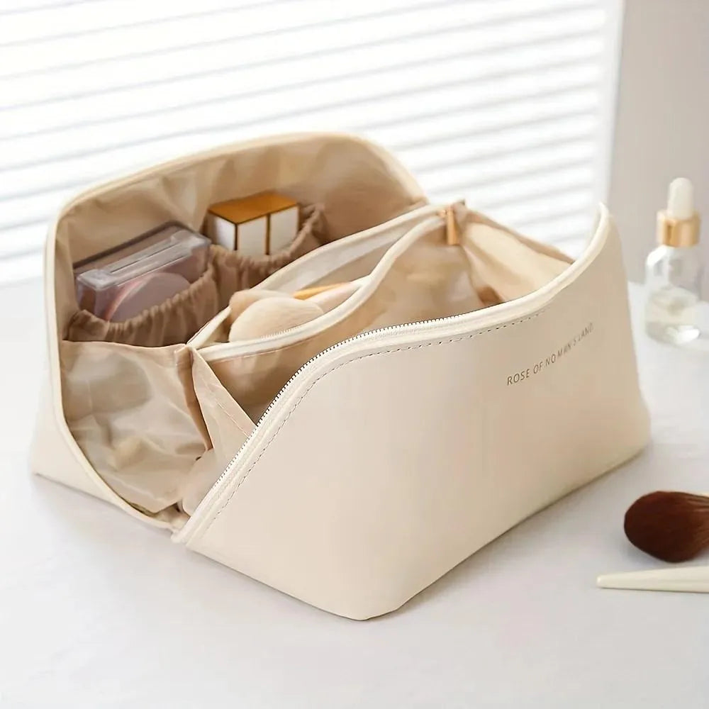 Premium Leather Makeup Pouch - Large Capacity with Multiple Compartments & Waterproof