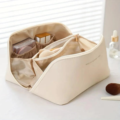 Premium Leather Makeup Pouch - Large Capacity with Multiple Compartments & Waterproof
