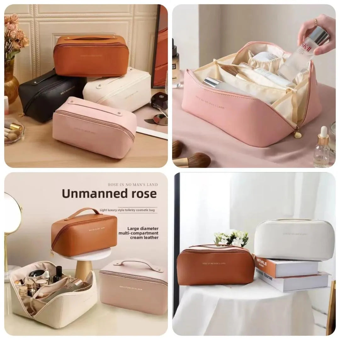 Premium Leather Makeup Pouch - Large Capacity with Multiple Compartments & Waterproof