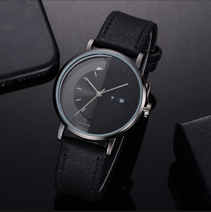 Men's Luxury Quartz Watch Minimalist Half-Dial Leather Strap