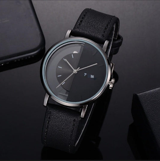 Men's Luxury Quartz Watch Minimalist Half-Dial Leather Strap