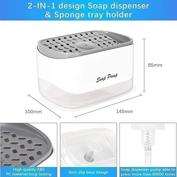 Kitchen Soap Dispenser with Sponge Holder - 2-in-1 Countertop Organizer, 370ml
