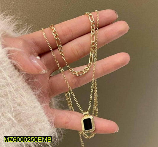 Layered Chain Necklace Black Stone Pendant