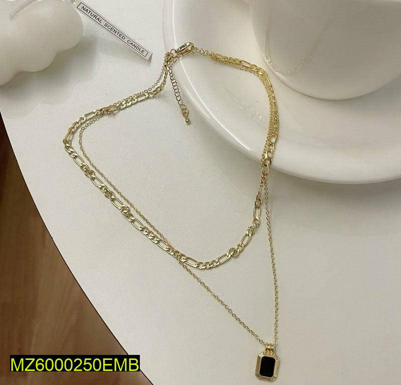 Layered Chain Necklace Black Stone Pendant