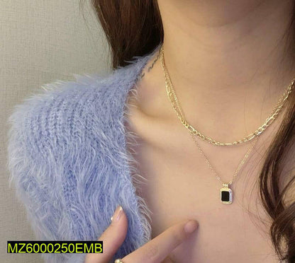 Layered Chain Necklace Black Stone Pendant