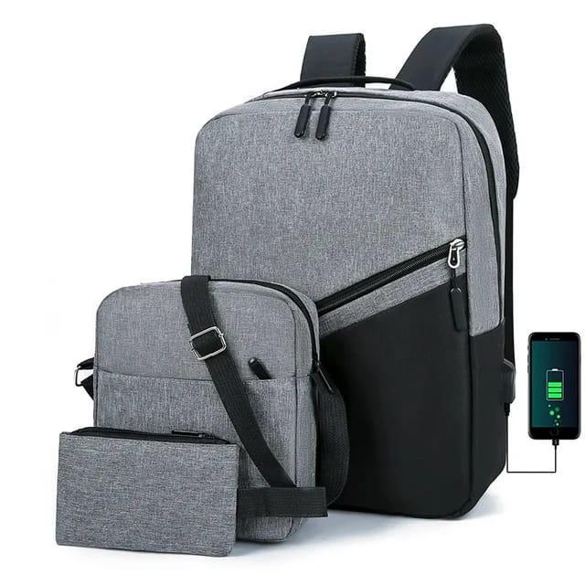 3-Piece Laptop Backpack Set USB Port Grey Sling Pouch