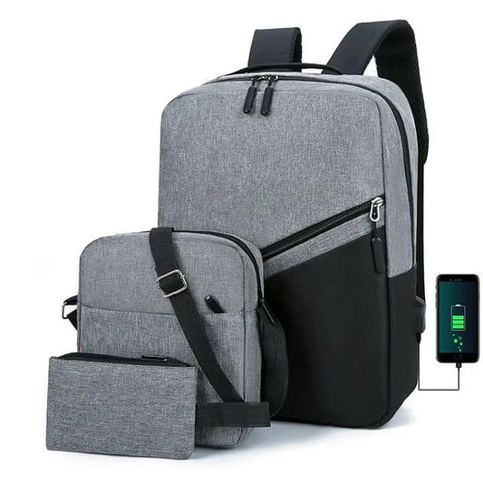 3-Piece Laptop Backpack Set USB Port Grey Sling Pouch