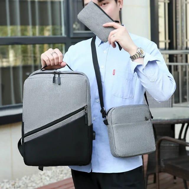 3-Piece Laptop Backpack Set USB Port Grey Sling Pouch