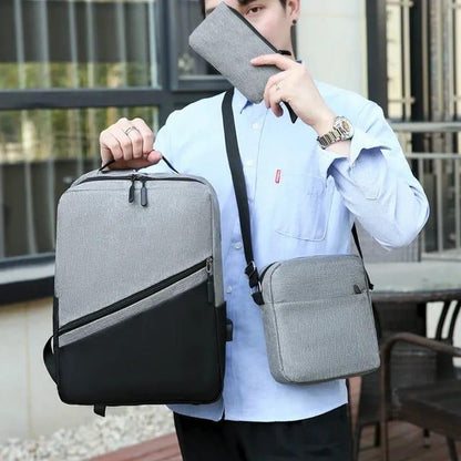3-Piece Laptop Backpack Set USB Port Grey Sling Pouch