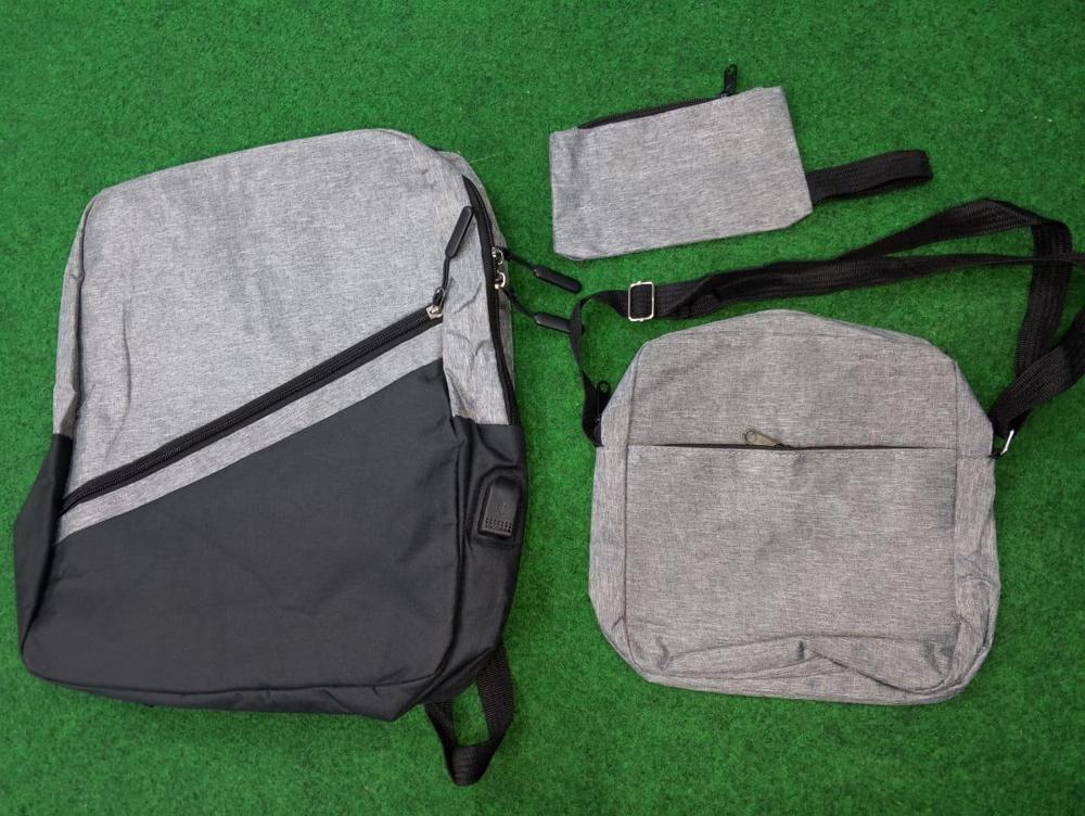 3-Piece Laptop Backpack Set USB Port Grey Sling Pouch