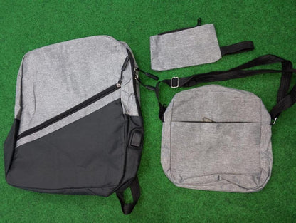 3-Piece Laptop Backpack Set USB Port Grey Sling Pouch