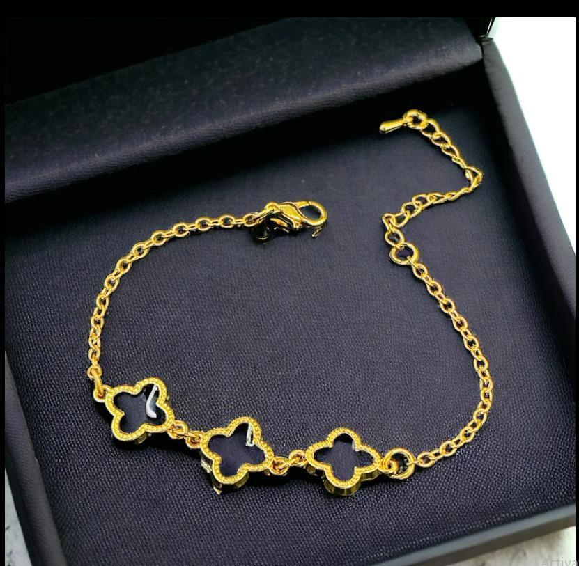 Gold Plated Clover Chain Bracelet Black