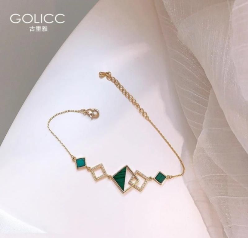 Gold Plated Geometric Bracelet Green Enamel