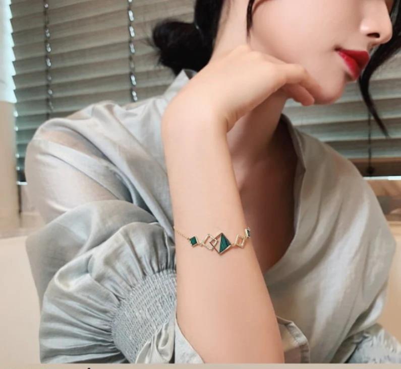 Gold Plated Geometric Bracelet Green Enamel