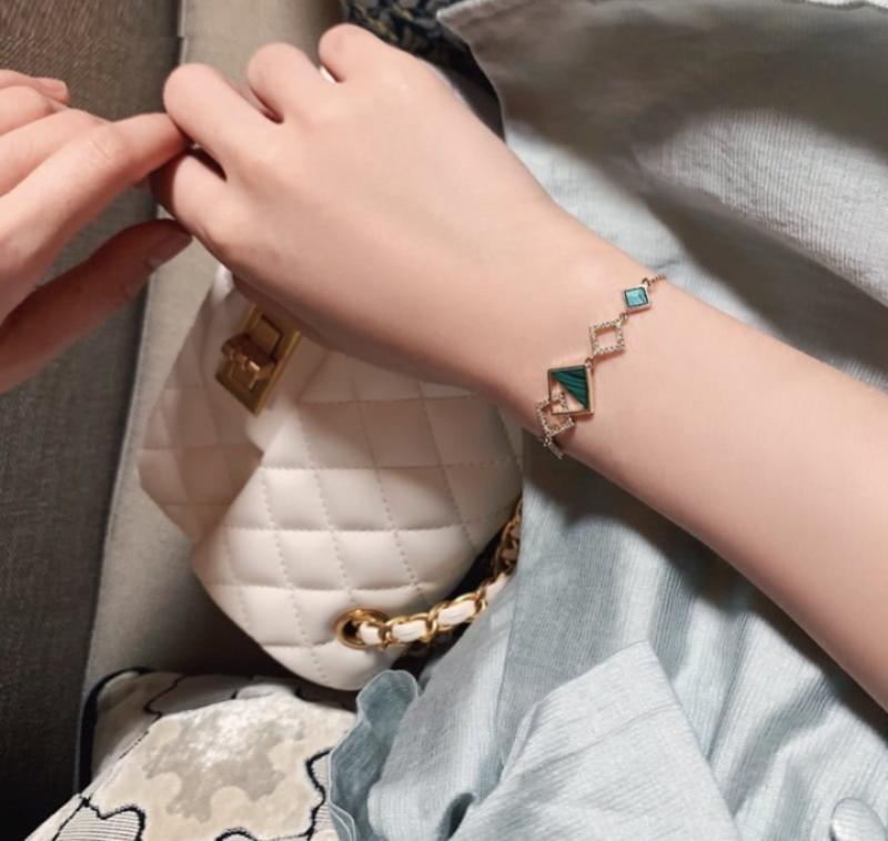 Gold Plated Geometric Bracelet Green Enamel