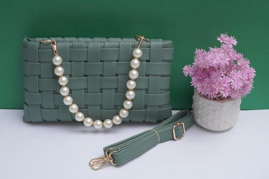 Women's Sage Green Woven PU Leather Clutch Pearl