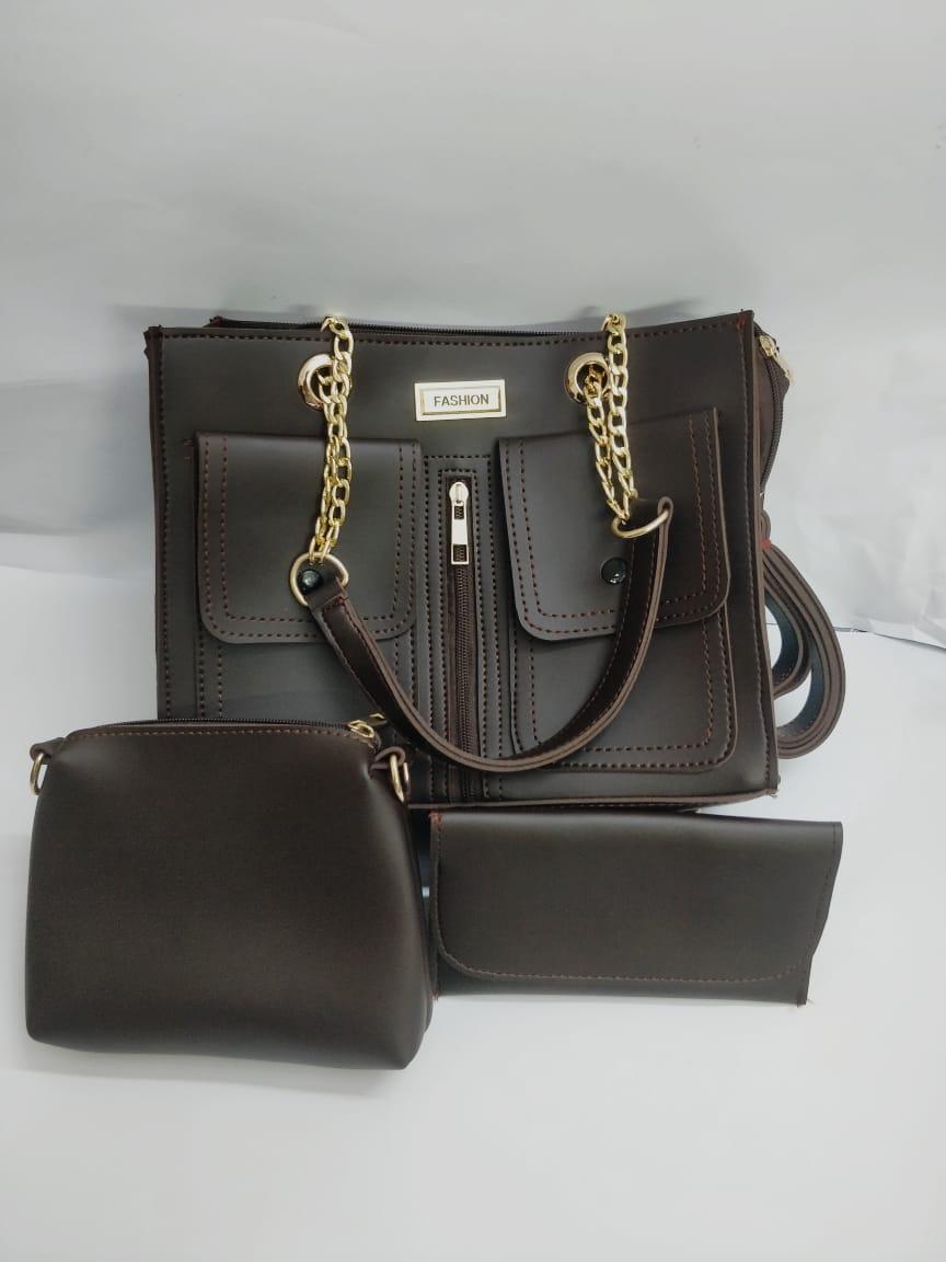 Women's Brown Leather Handbag Set 3-Piece