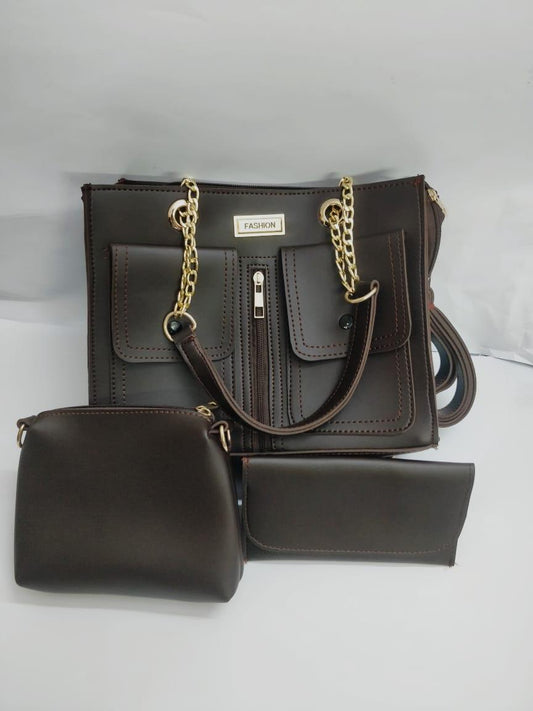 Women's Brown Leather Handbag Set 3-Piece