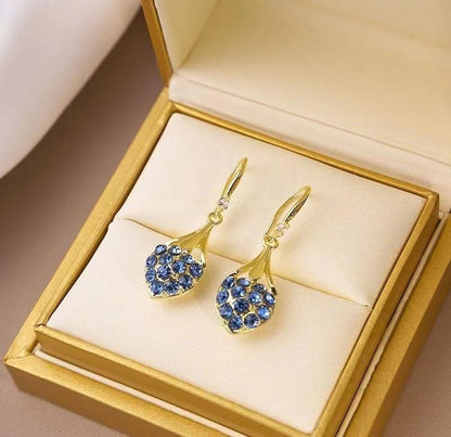Blue Crystal Heart Drop Earrings Gold