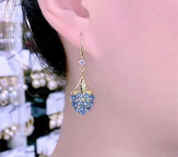 Blue Crystal Heart Drop Earrings Gold