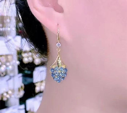 Blue Crystal Heart Drop Earrings Gold