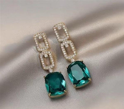 Emerald Green Crystal Drop Earrings Geometric