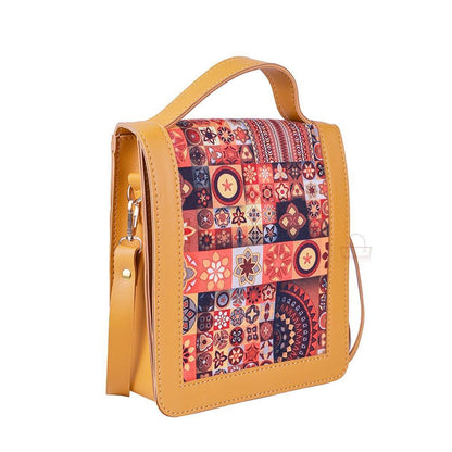 Women's Trendy Spectrum Crossbody Bag - Mustard Yellow with Colorful Mosaic Pattern