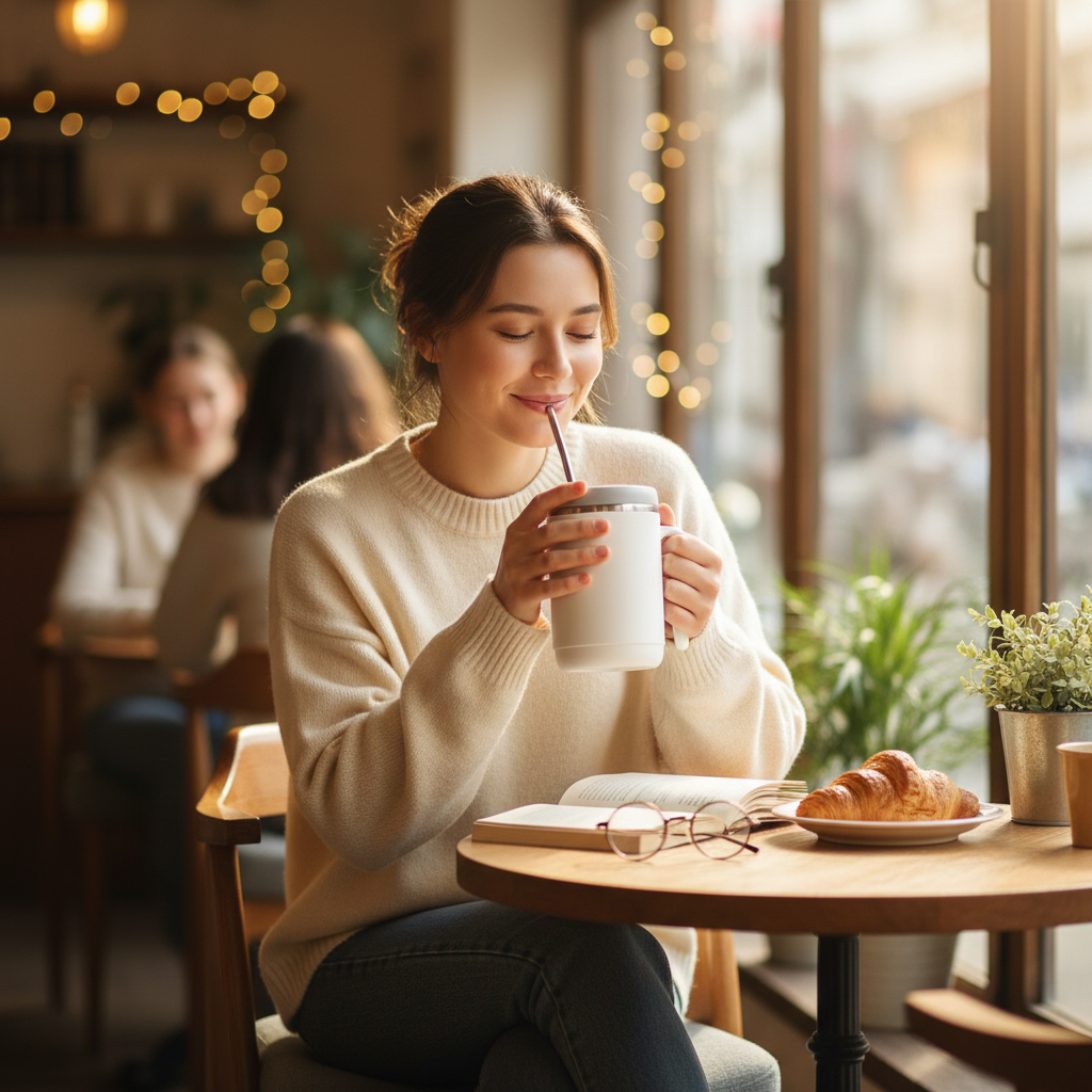 Happy customer at cafe
