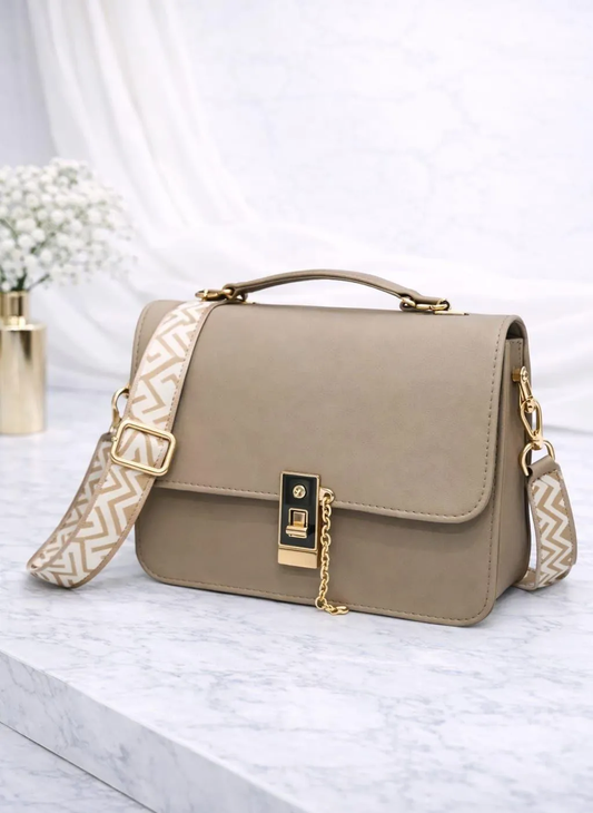 Beige Crossbody Bag Chevron Strap Chain Lock Detail
