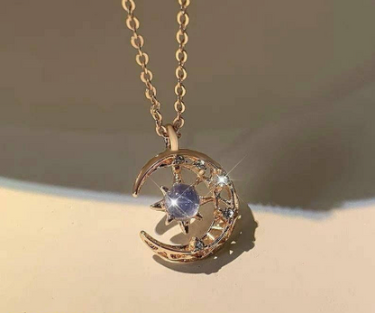 Moon Star Pendant Necklace Blue Crystal