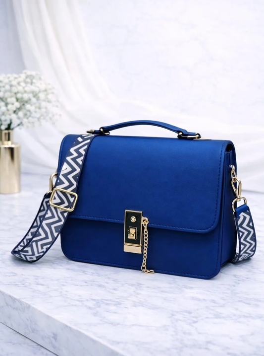 Royal Blue Crossbody Bag Chevron Strap Chain Lock Detail