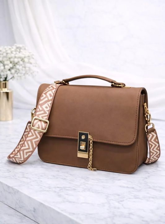 Camel Crossbody Bag Chevron Strap Chain Lock Detail