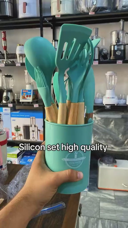 Silicone Kitchen Utensil Set 12-Piece Wooden Handles | Buy Online in Pakistan at MetroCart
