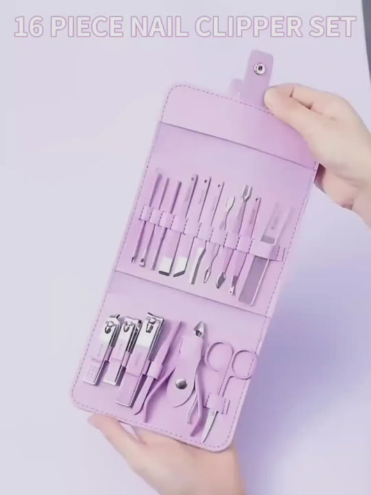 Professional Manicure Pedicure Kit - 16-Piece Stainless Steel Set with Leather Case